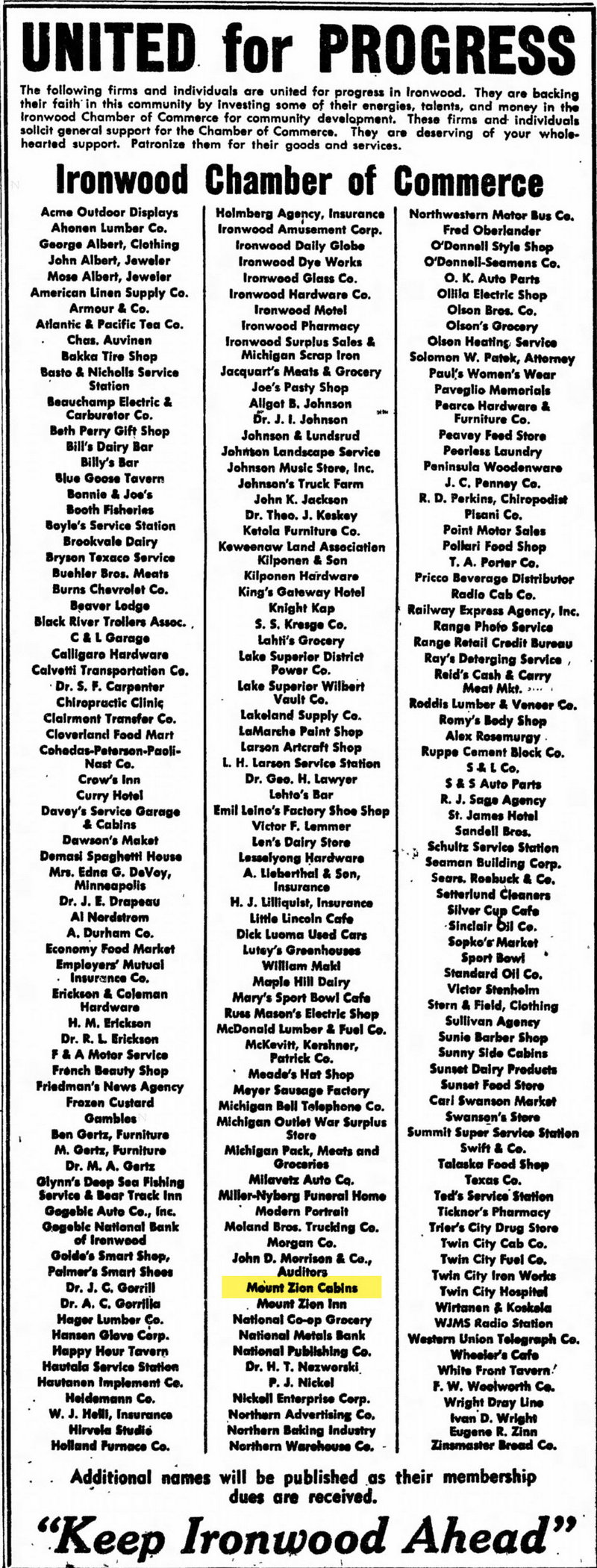 Mount Zion Cabins - Jun 29 1951 Article (newer photo)